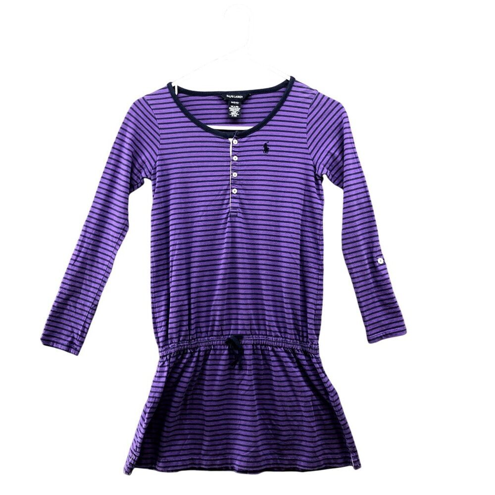 Ralph Lauren Girls 8/10 M Long Sleeve T Shirt Dress Purple Striped Henley Pony